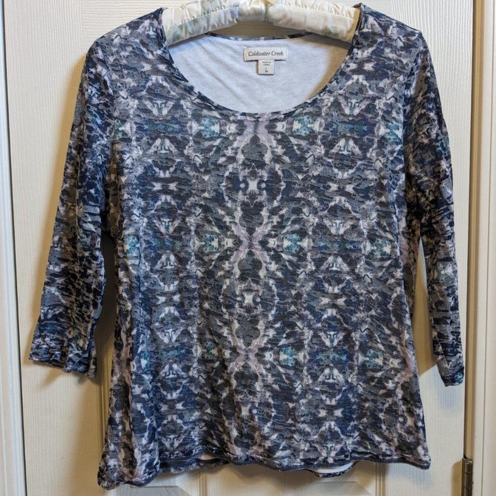 Coldwater Creek Blue White Gray Kaleidoscope Long Sleeve Double Layer Top